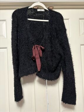 NATURAL LIFE Black Fuzzy Open-Front Cardigan with Burgundy Ribbon